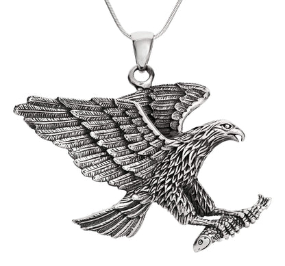 Men's Eagle Pendant Necklace | Large 925 Sterling Silver Bird of Prey Pendant Necklace for Men