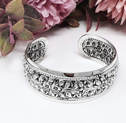 Women's Floral Cuff Bracelet | Chunky 25mm 925 Sterling Silver Statement Bangle - Ideal Gift for Her