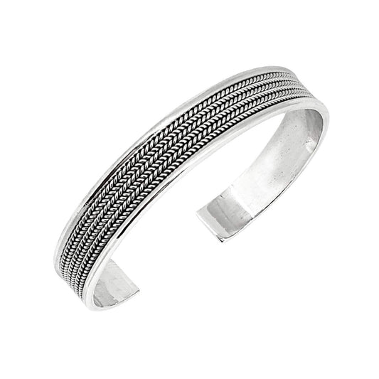 Men's Silver Bracelet | Open Cuff Bangle with Braided Details in Solid 925 Sterling Silver