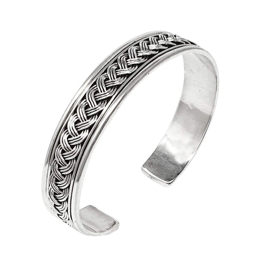 Men's Bangle Bracelet | Open Cuff with Braided Details in 925 Sterling Silver - Adjustable